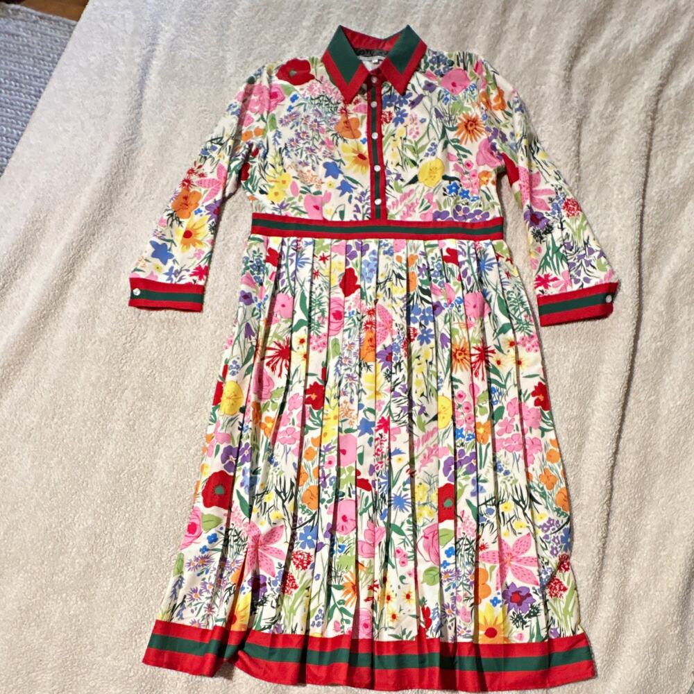 Dalia MacPhee Women L Floral Shirt Dress Collared Button Front Long Sleeve Midi